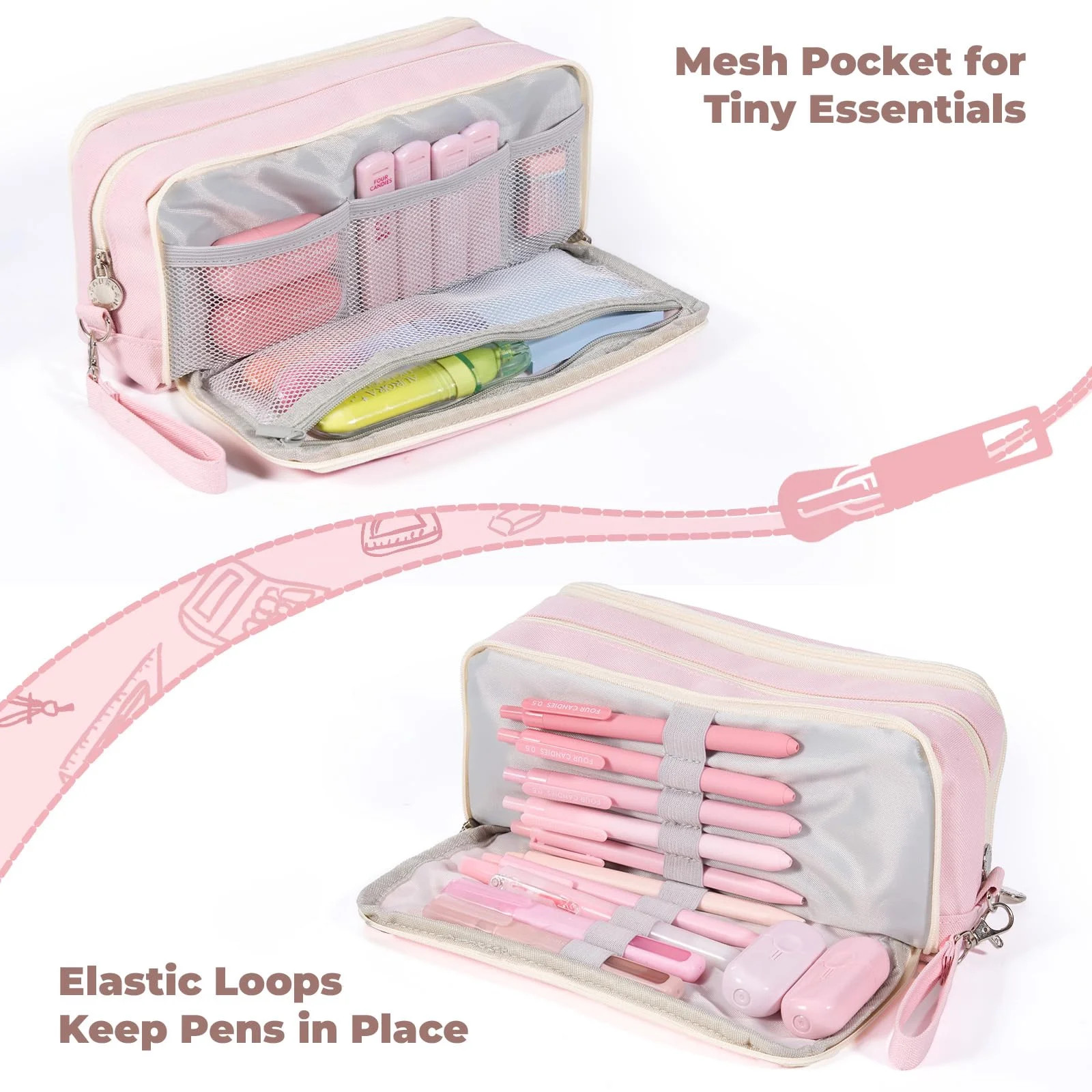 Canvas Pencil Cases with Removable Handle, Pink, 1 Count