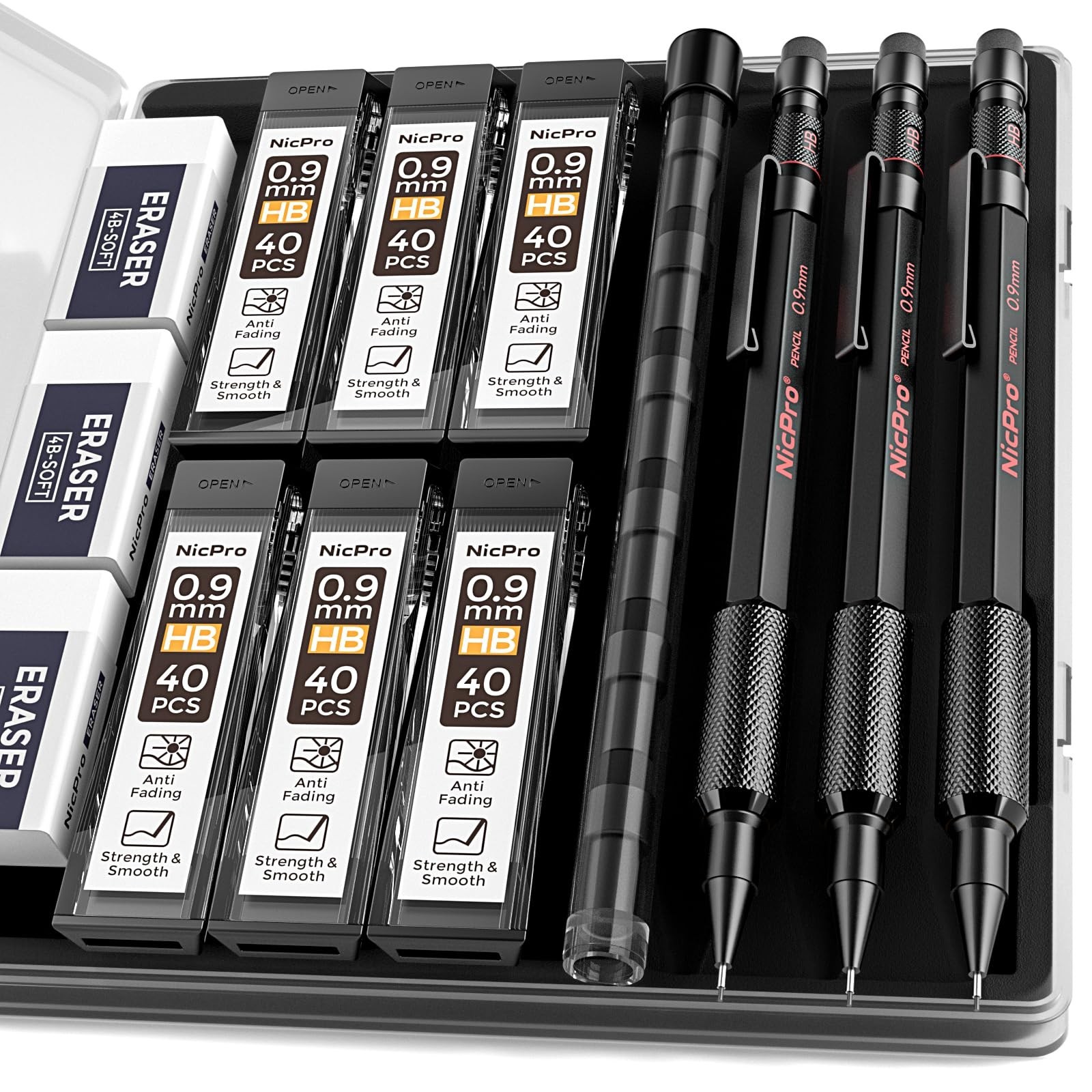 0.9mm Mechanical Pencil Set – 3PCS Heavy Duty with Case, HB Lead Refills & Erase