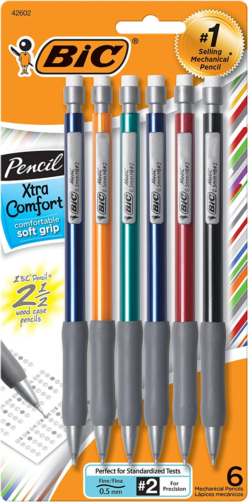 BIC Mechanical Pencil Xtra Comfort, 0.5 Mm, Assorted Barrel (BICMPFGP61), 6 Coun