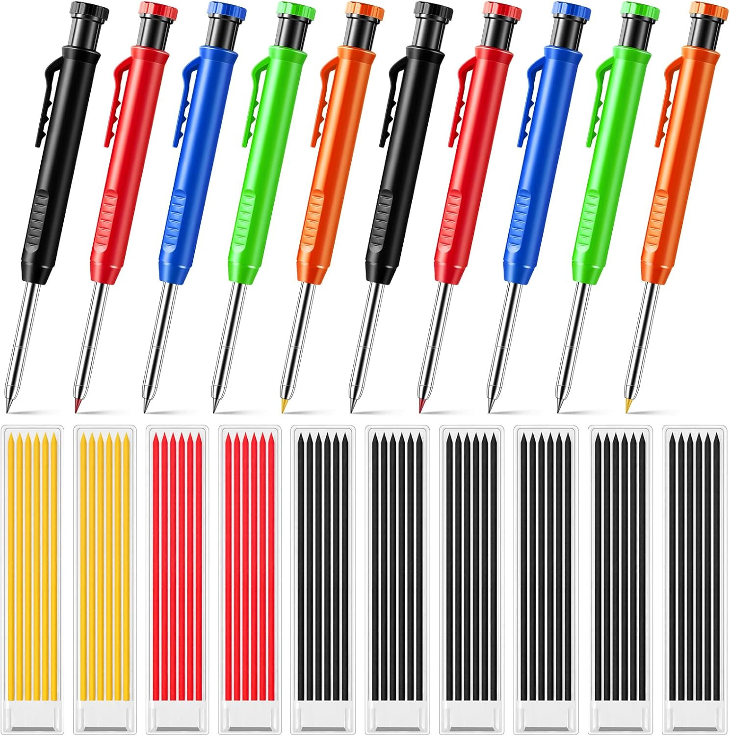 10 Pcs Solid Carpenter Pencils with 60 Pcs 2.8mm Refills Long Nosed Deep Hole Me