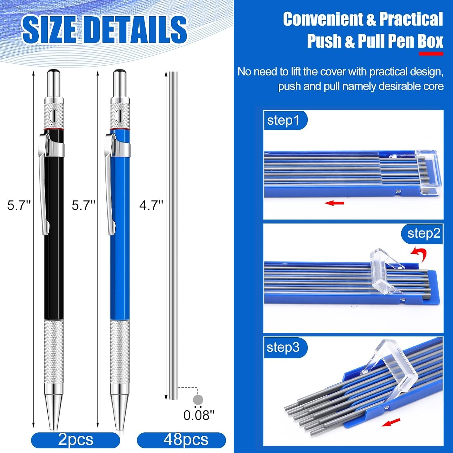 2 Pcs Welders Pencil Set with 48 Refillable Round Graphite Markers – Silver