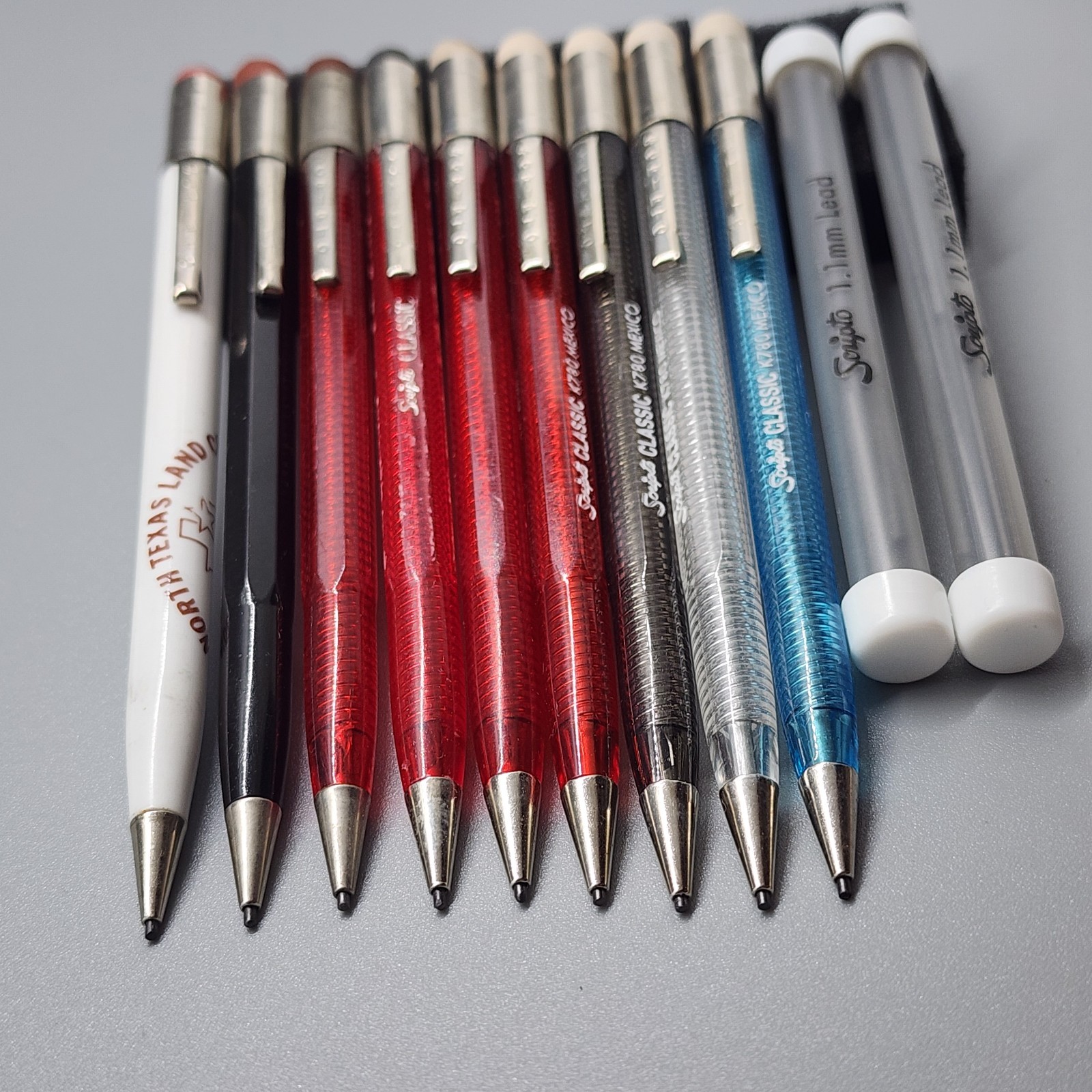 9 Vintage SCRIPTO Classic Mechanical Pencils Translucent Red Blue Smoke + Lead