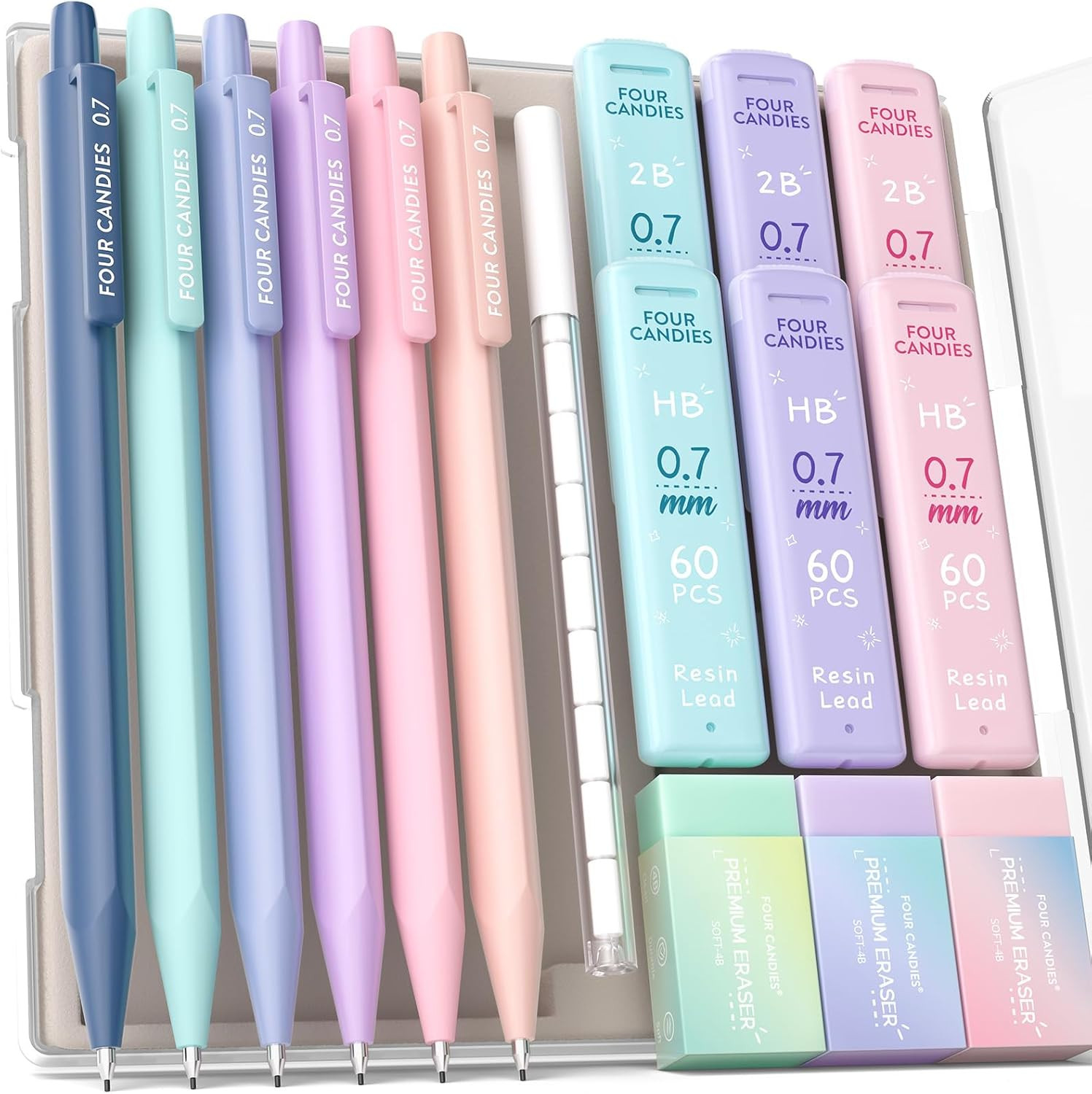 Mechanical Pencils 0.7Mm, with HB & 2B Lead Refills 0.7, Pastel Eraser Set & Era