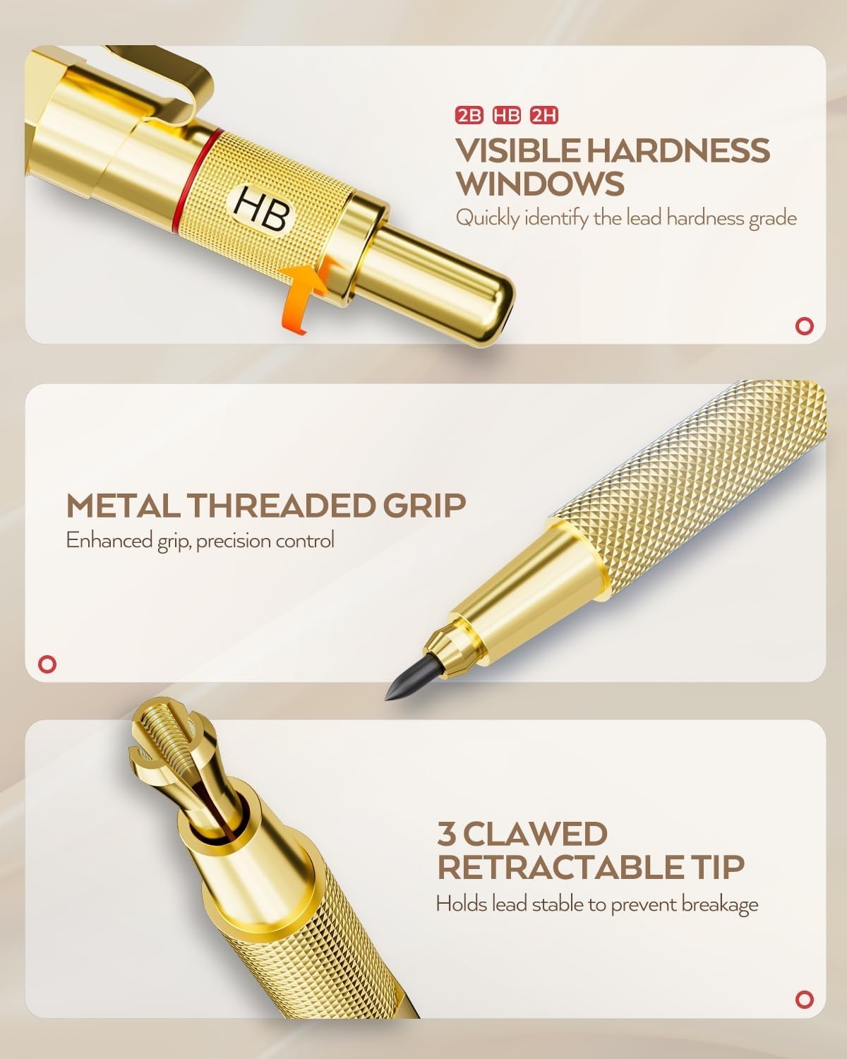 Gold Metal Mechanical Pencil Set 0.5mm to 2mm Lead Refills Drawing Sketching
