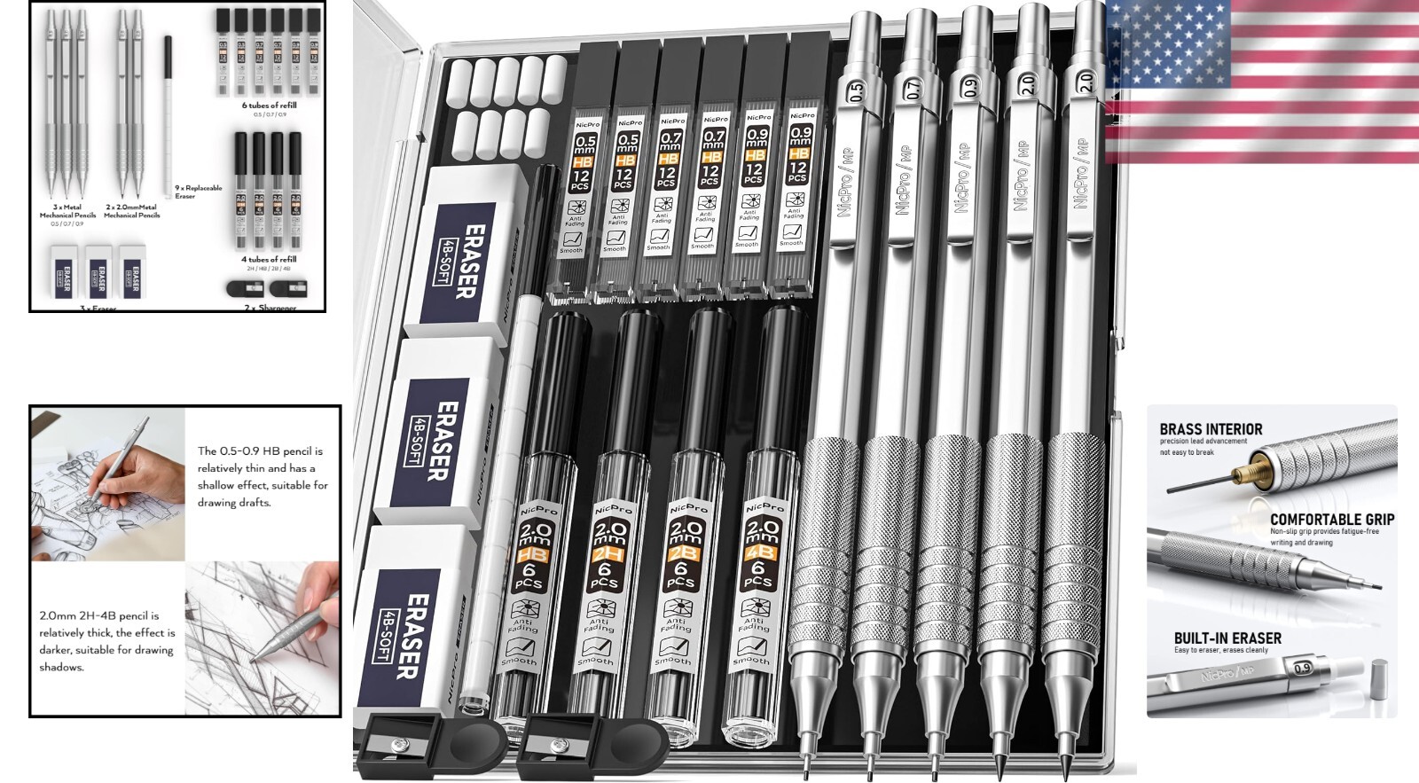 Versatile 22PCS Art Drafting Pencil Set with Ergonomic Metal Grip & Accessories