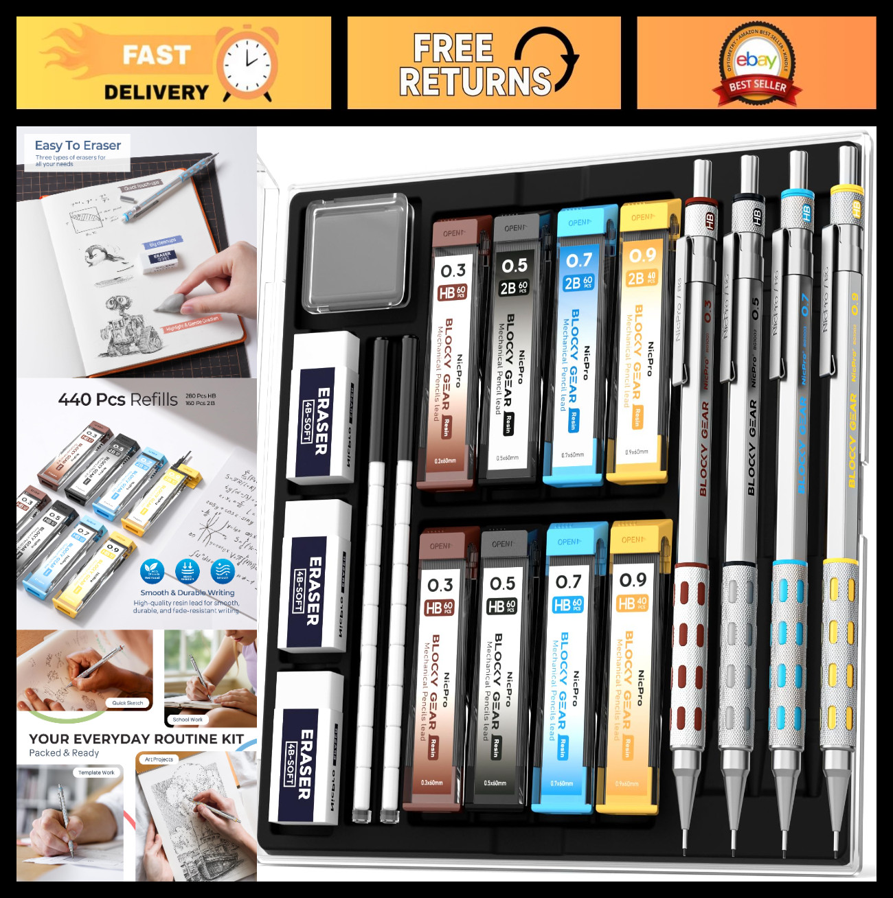 4 Pack Metal Mechanical Pencils Set 0.3-0.9mm with Case, Lead Refills & Erasers