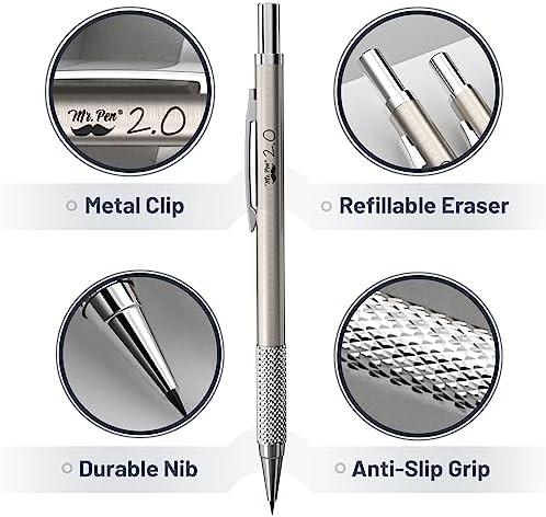 Mr. Pen- Metal Mechanical Pencil Set with Lead and Eraser Refills, 5 Sizes | 0.3