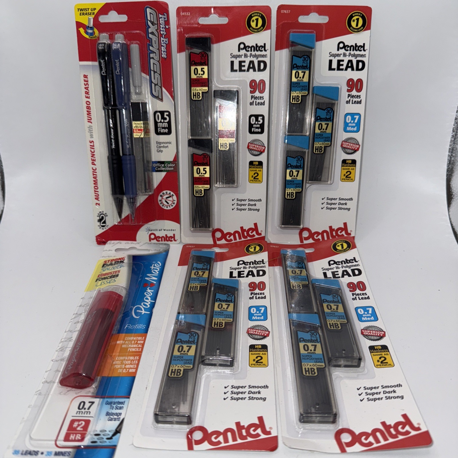 Pentel Twist-Erase Automatic Pencils 3-pks 0.5mm Fine, 1-pk 0.7mm Med, 1 PM 0.7