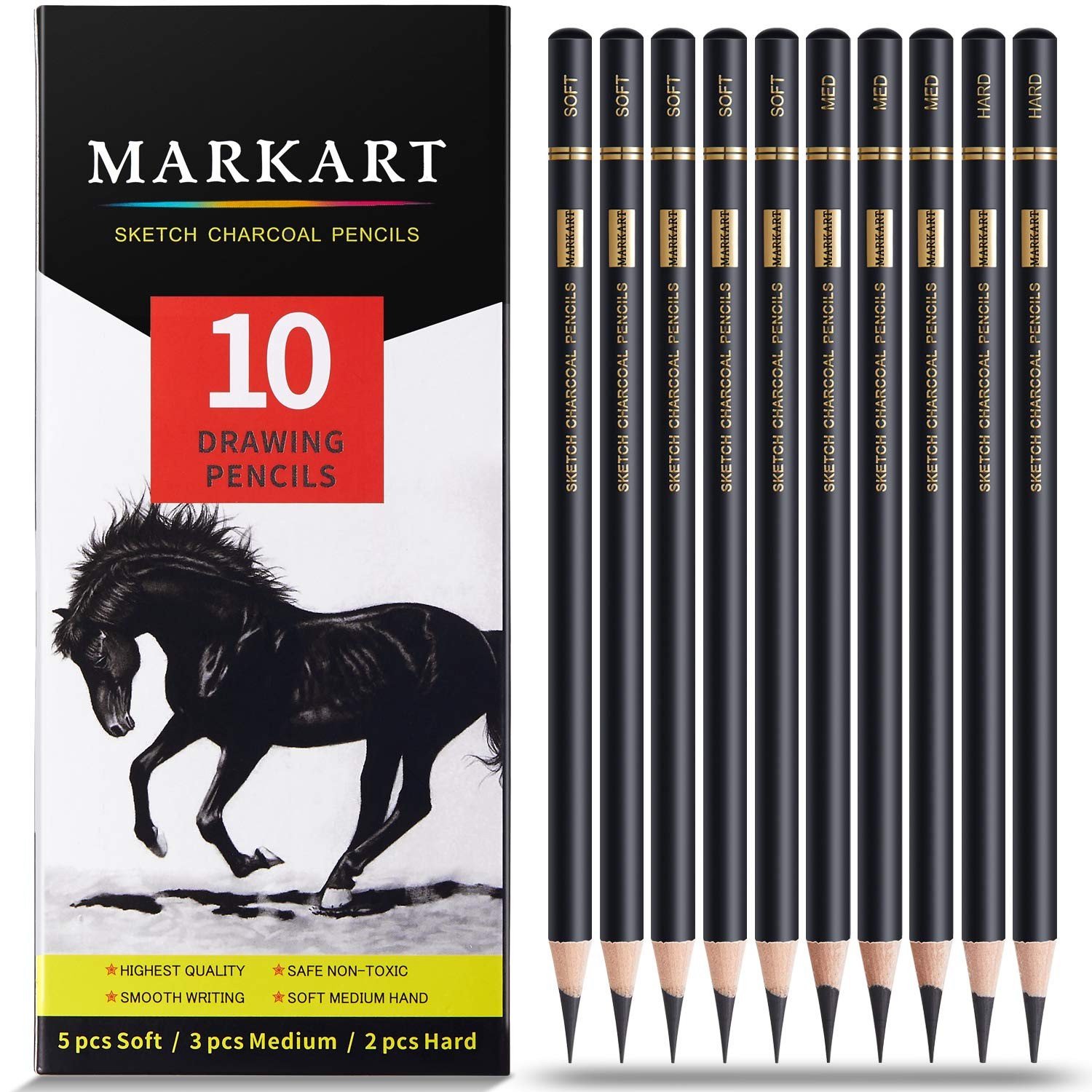 MARKART Professional Charcoal Pencils Drawing Set 10 Count (Pack of 1), Black