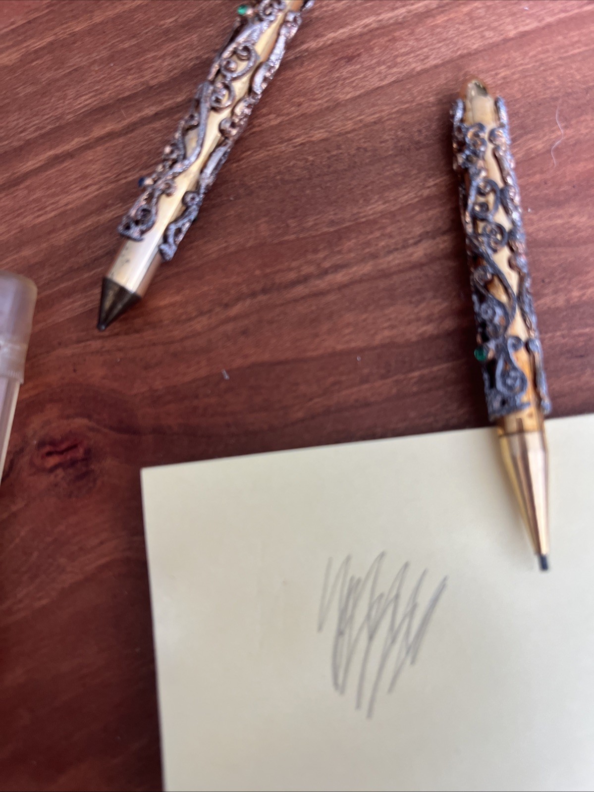 Vintage Ornate Gold Tone Mini Mechanical Pencil & Pen Set w/Gem Accents 1960s