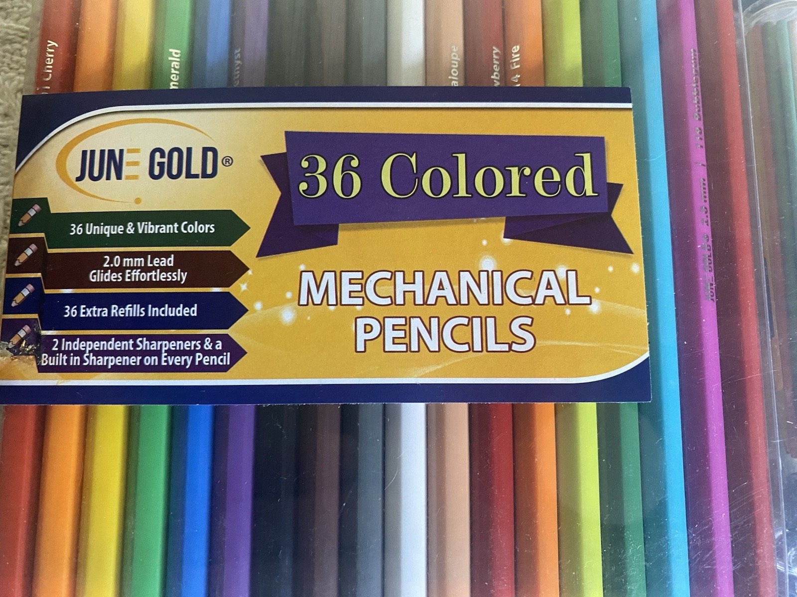 June Gold 36 Vibrant Colors 2.0 mm Mechanical Pencils & 36 Extra Refills NEW