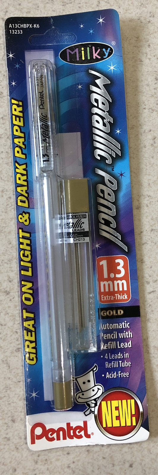 Pentel Milky Metallic Pencil, Color Silver Metallic 1.3 mm lead, w/Extra Refills