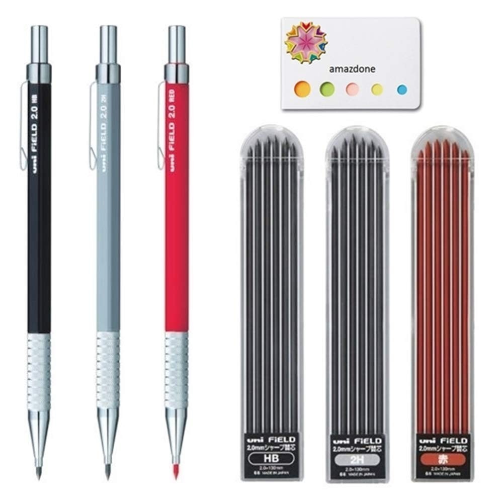 2.0mm Mechanical Pencil Set (HB, 2H, Red) + 3 Replacement Leads & Sticky Notes