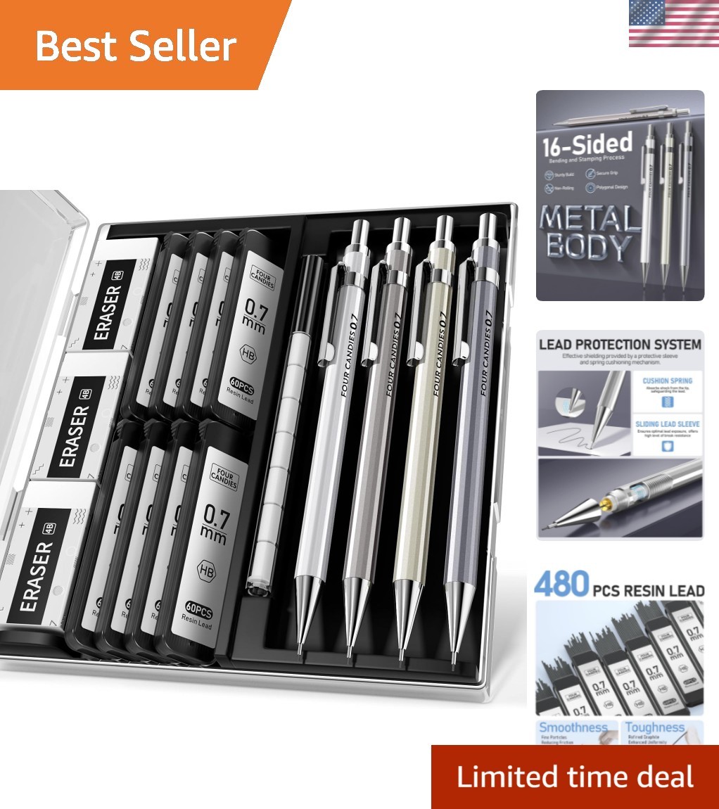 0.7mm Mechanical Pencil Set with Case – 4 Pencils, Lead & Erasers