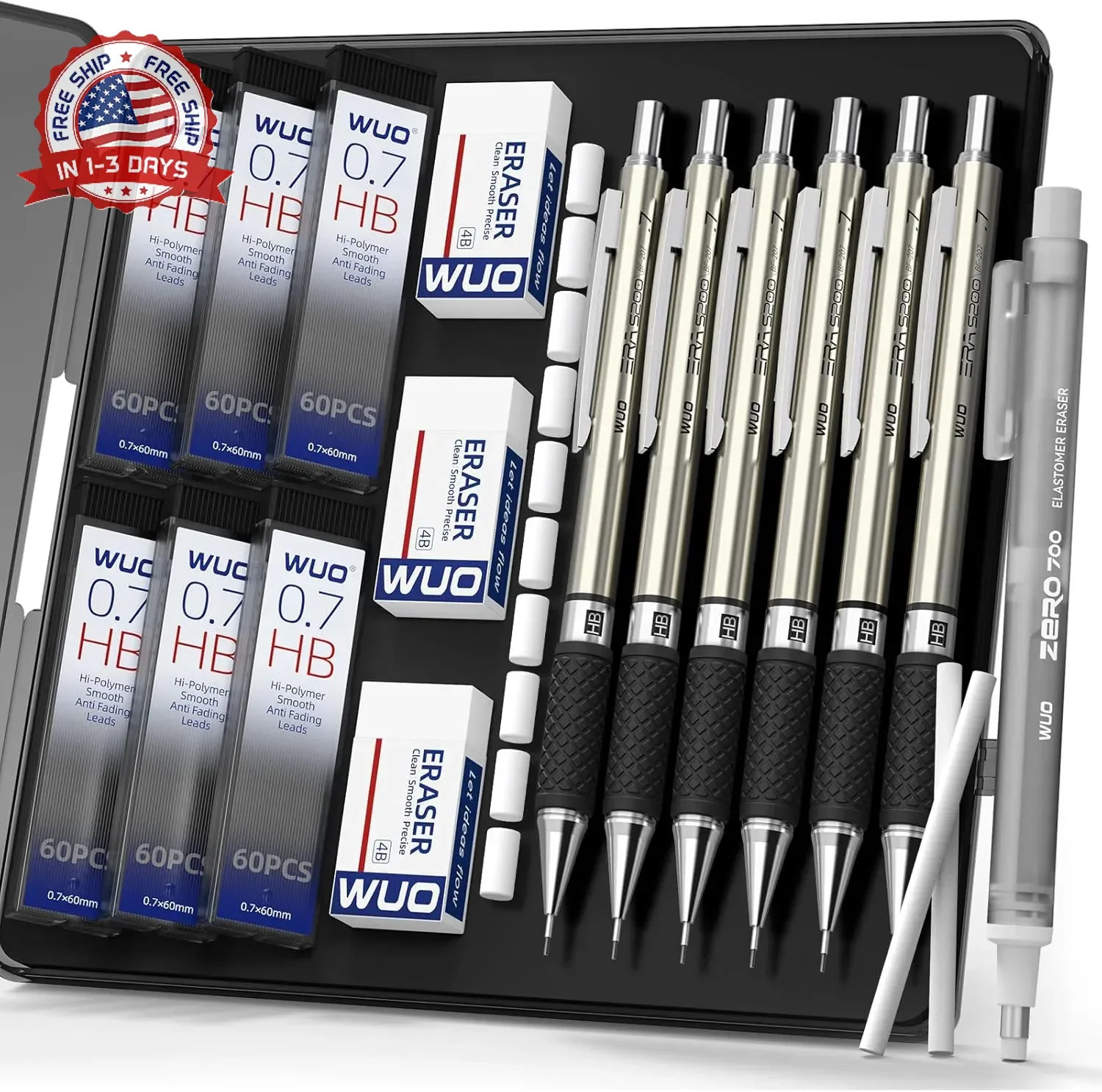 WUO 0.7mm Mechanical Pencil Set in Storage Case, 6PCS Metal Drafting Pencils wit