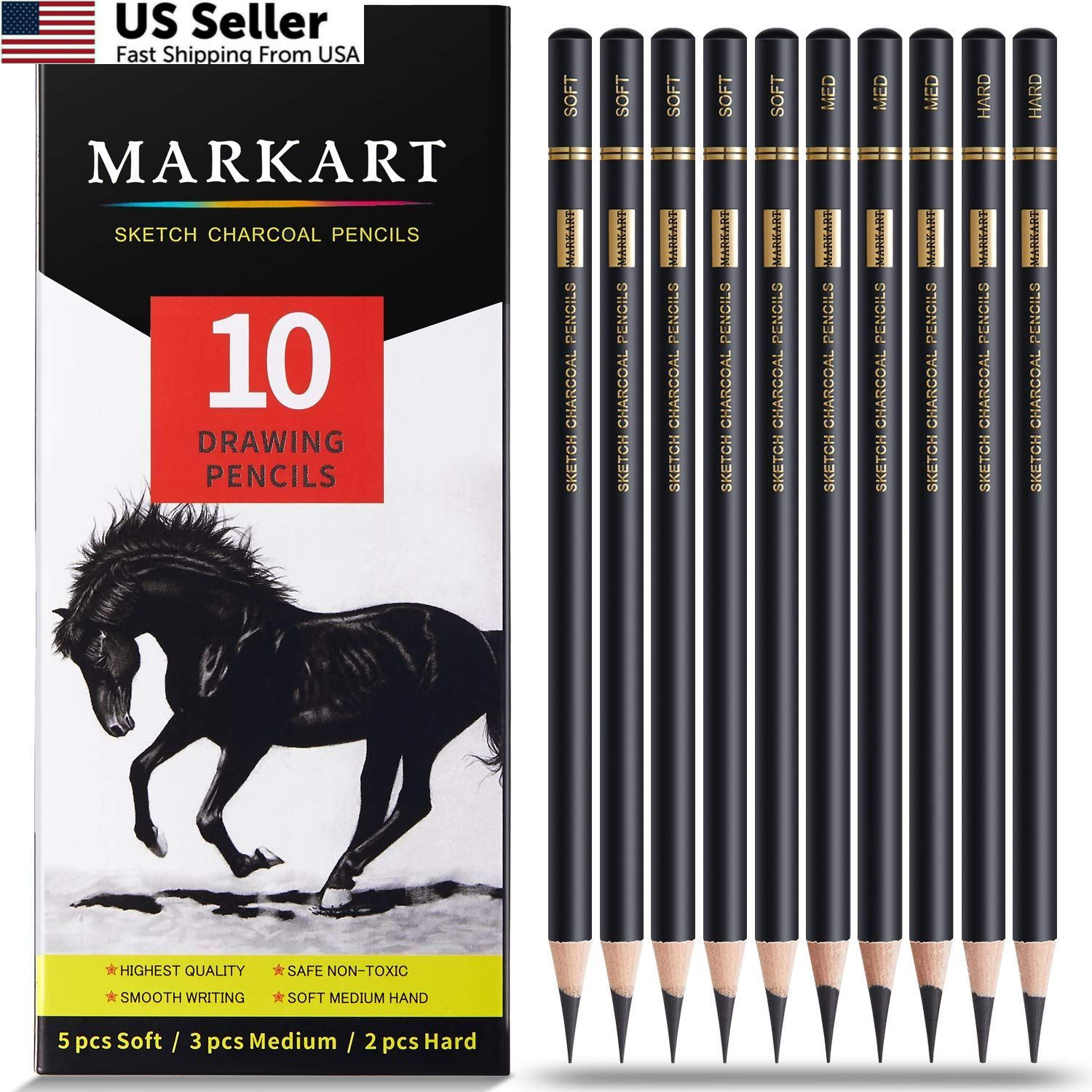 MARKART Professional Charcoal Pencils Drawing Set 10 Count (Pack of 1), Black