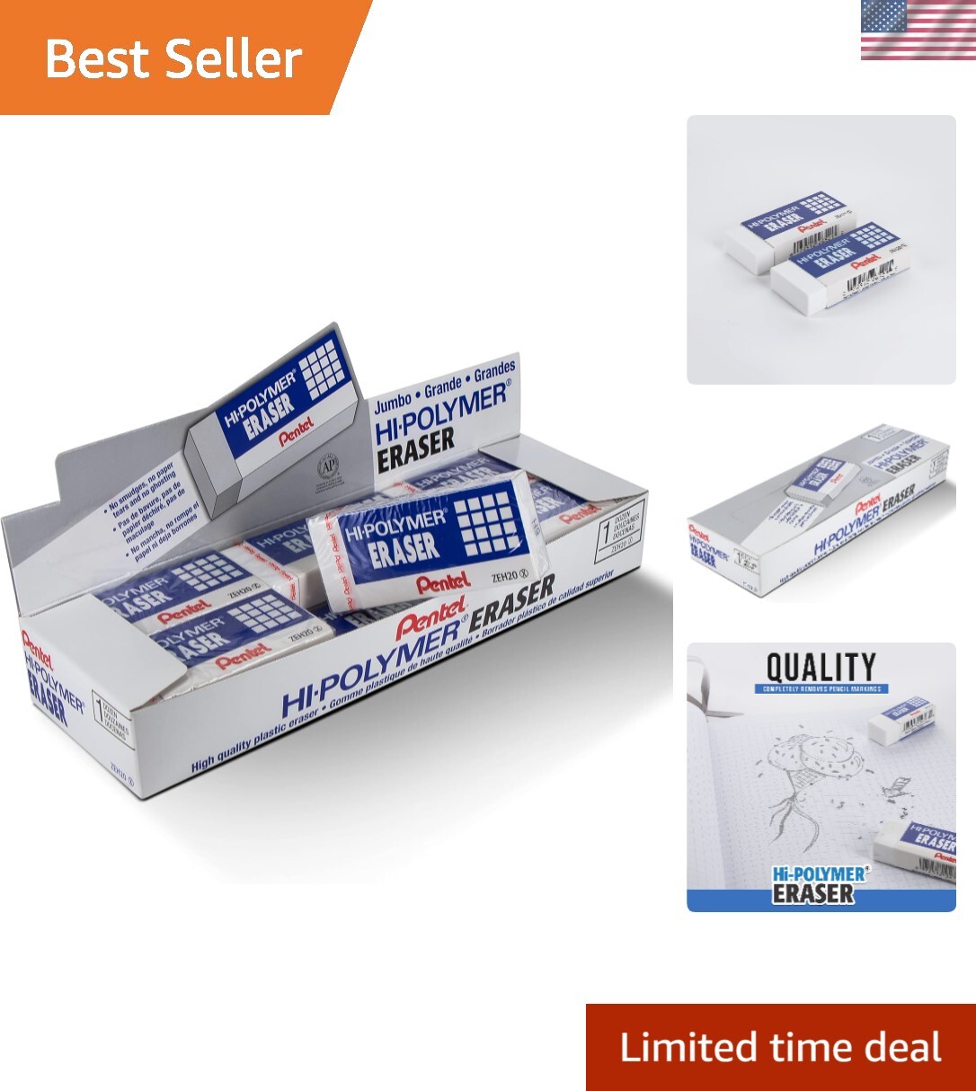 Hi-Polymer Jumbo Eraser Set of 12 – Durable, Non-Smudge with Protective Sleeve