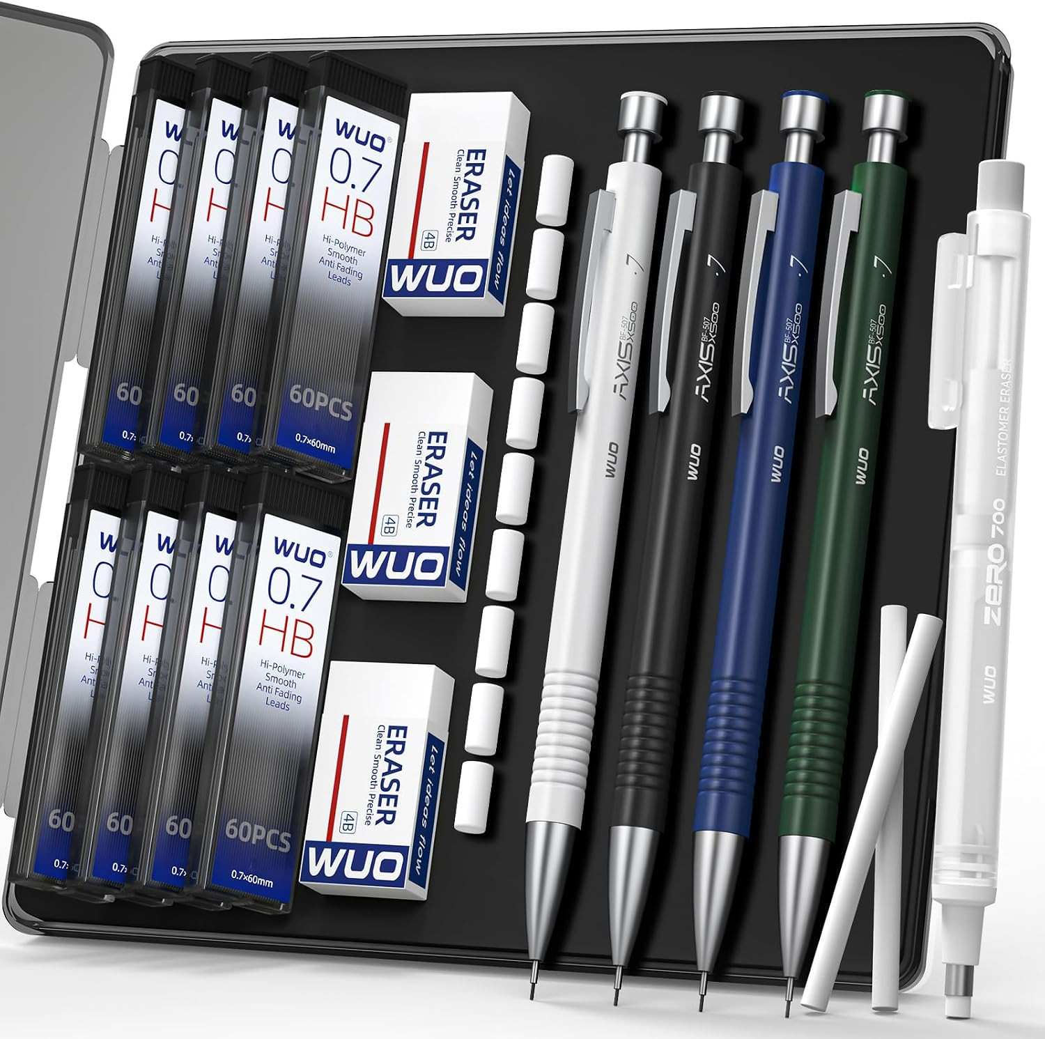 0.7Mm Mechanical Pencil Set with Case, 4PCS Metal Mechanical Pencils with Eraser