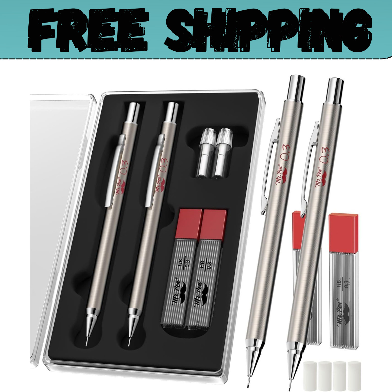 Metal Mechanical Pencils 0.3Mm 2 Pack Pencil Mechanical Lead Pencil Metal
