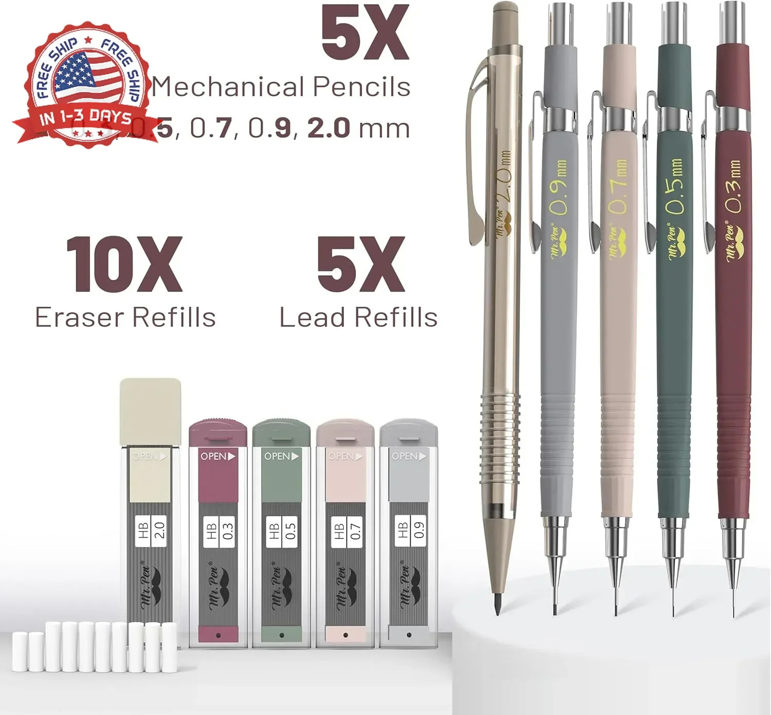 Mr. Pen- Art Mechanical Pencil Set, 5 Vintage Mechanical Pencils (0.3, 0.5, 0.7,