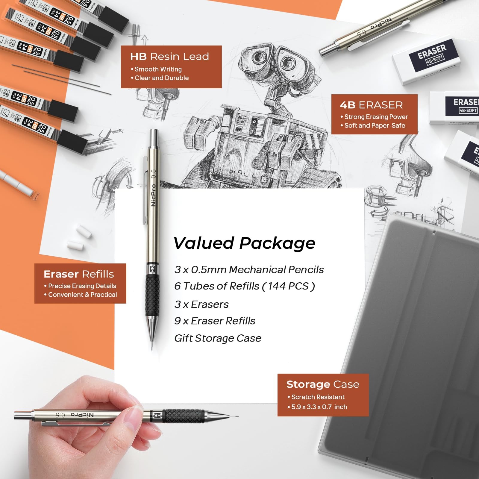 Nicpro 0.5 mm Art Mechanical Pencil Set in Storage Case, 3 PCS 0.5mm, Grey