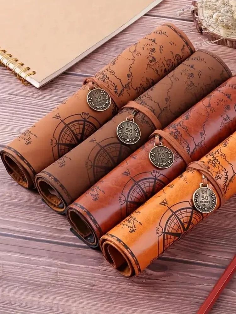 1pc Creative Treasure Map Retro Pencil Case Leather Large Capacity Roll Pencil B