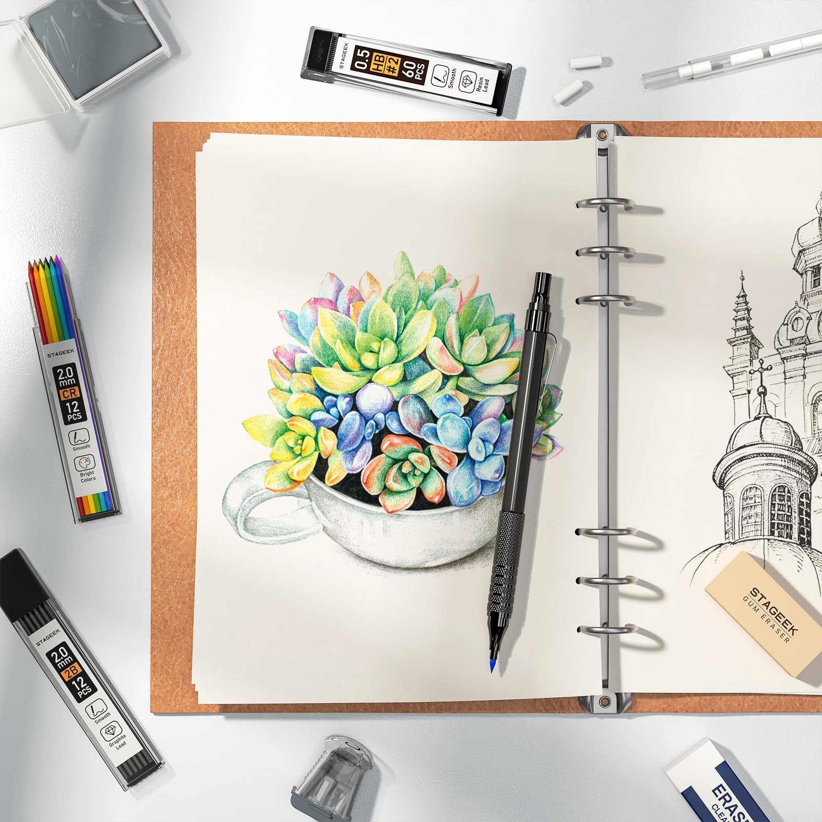 STAGEEK 21PCS Metal Mechanical Pencil Set, Art Lead Pencil 0.3, 0.5, 0.7, 0.9, 2
