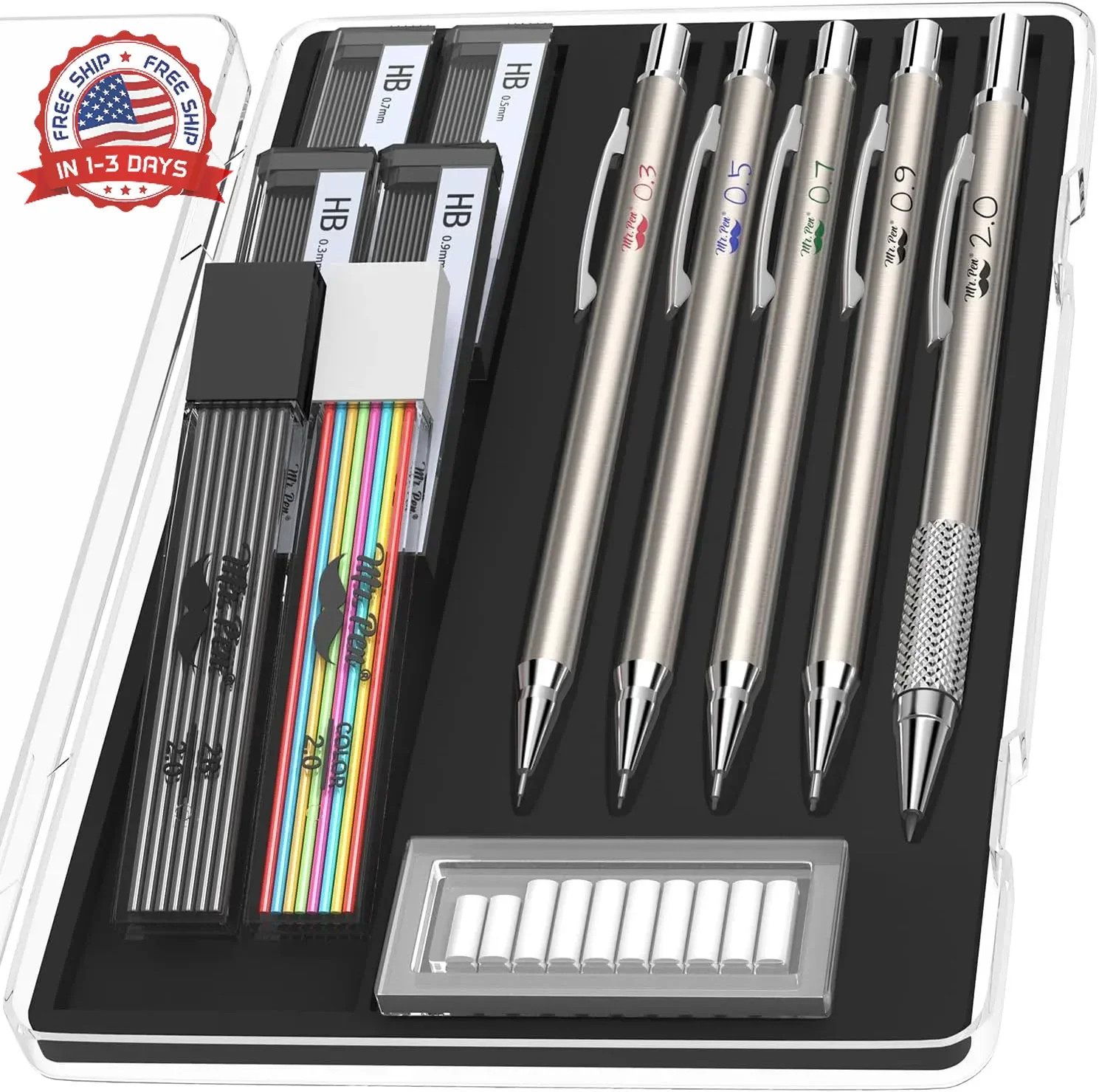 Mr. Pen- Metal Mechanical Pencil Set with Lead and Eraser Refills, 5 Sizes, 0.3,