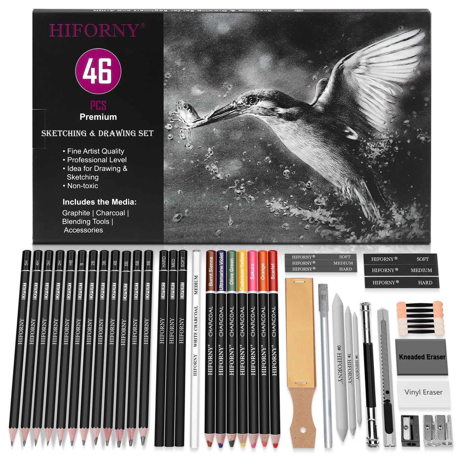 HIFORNY 46 PCS Sketching Drawing Pencil Set,Sketch 1 Count (Pack of 46)