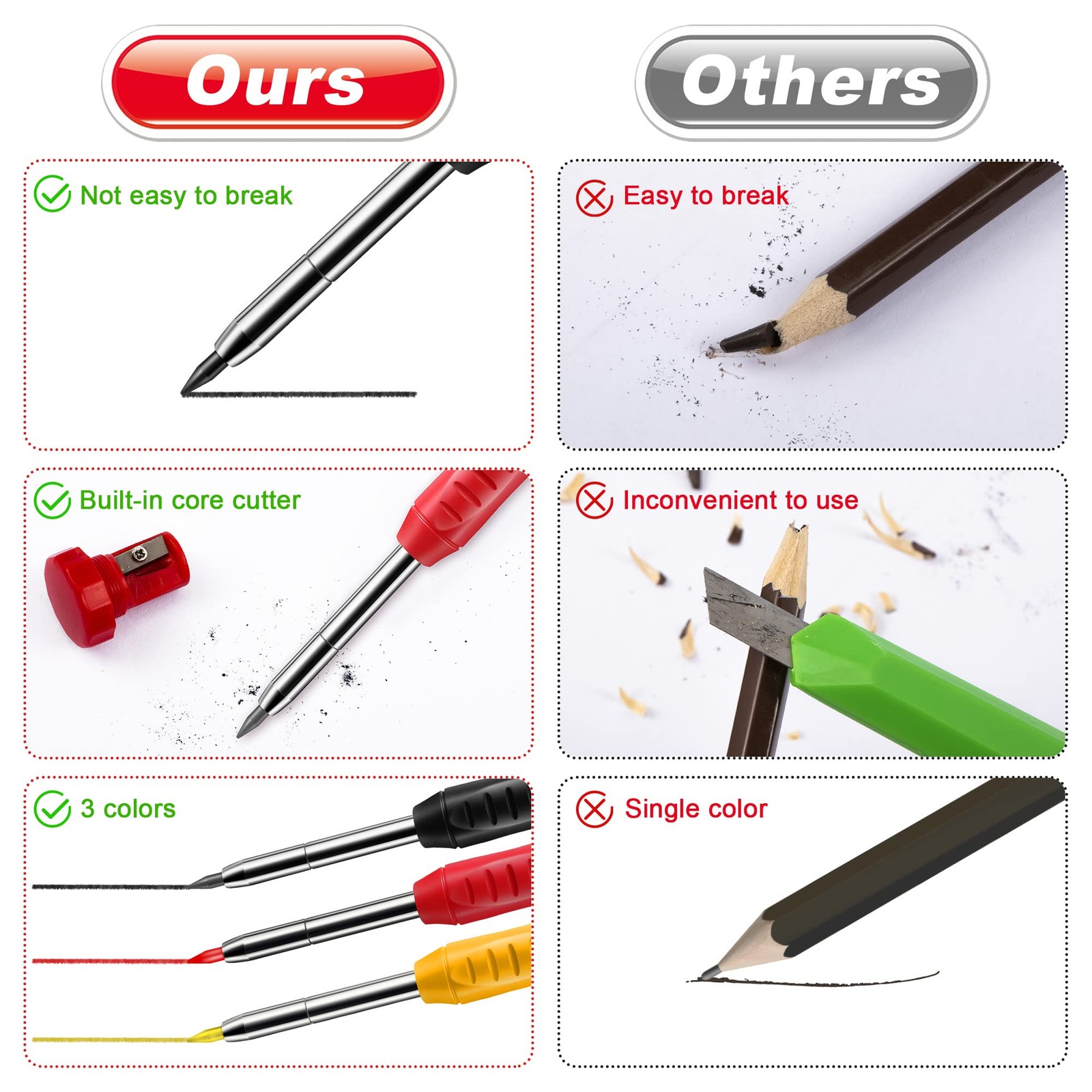 Enhon 6 Pack Carpenter Pencil Ensemble de 43 pièces, Yellow, Red, Black, Gold