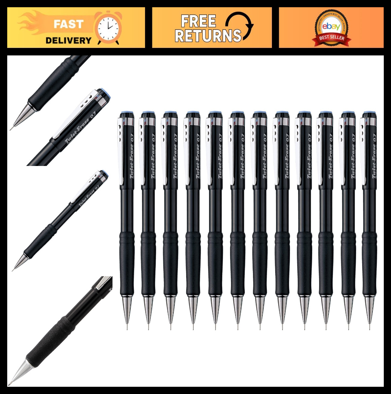Twist-Erase Mechanical Pencil Set, 0.7mm, Black Barrel, 12 Pack – Perfect for Sc