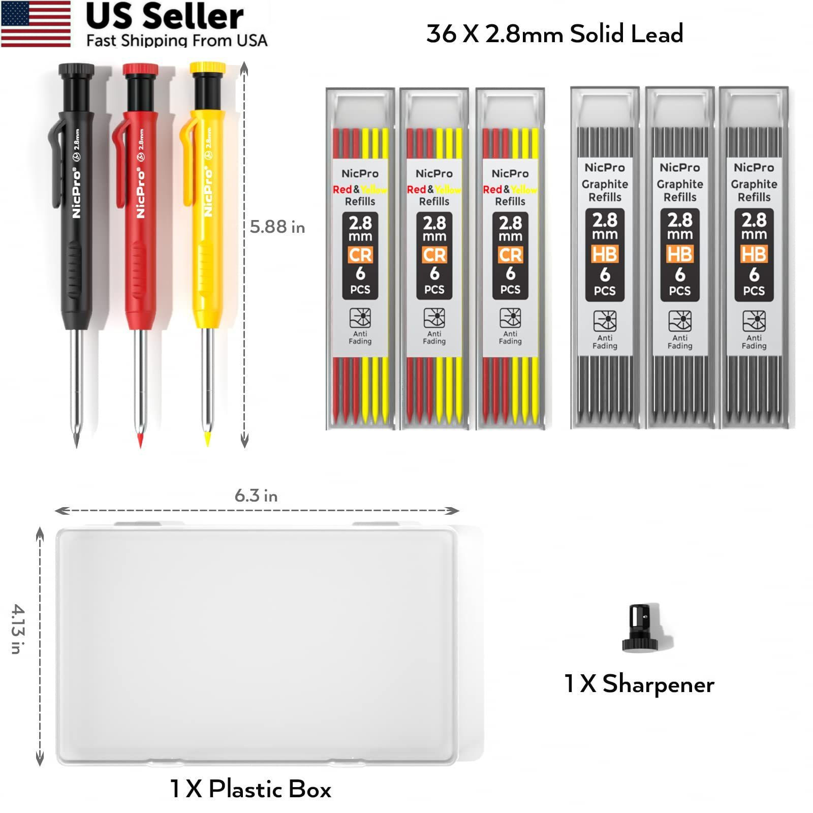 Nicpro 3 Pack Carpenter Pencil with Sharpener, 3 Pack, Black,Red,Yellow