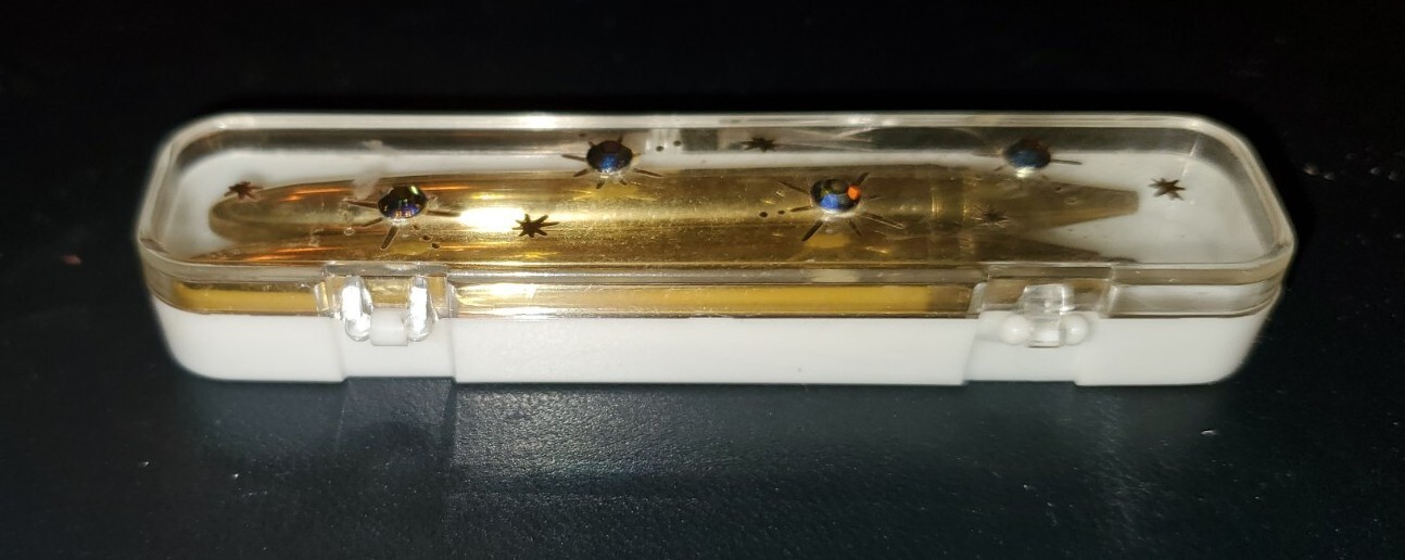 Vintage Goldtone Gold Pen Pencil Set with Blue Rhinestone Case Small 3″ MCM