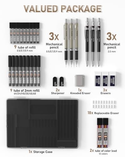 35PCS Art Mechanical Pencils Set, 3 PCS Metal Drafting Pencil 0.5 mm & 0.7 mm &