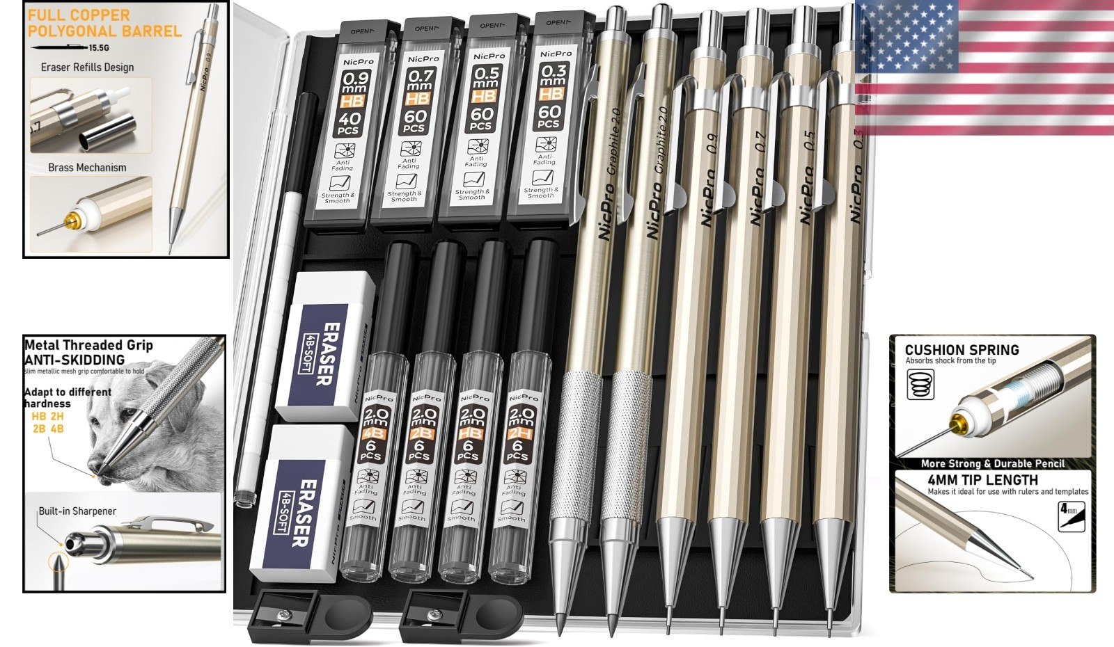 6PCS Full Copper Drafting Pencil Set – 0.3, 0.5, 0.7, 0.9 mm