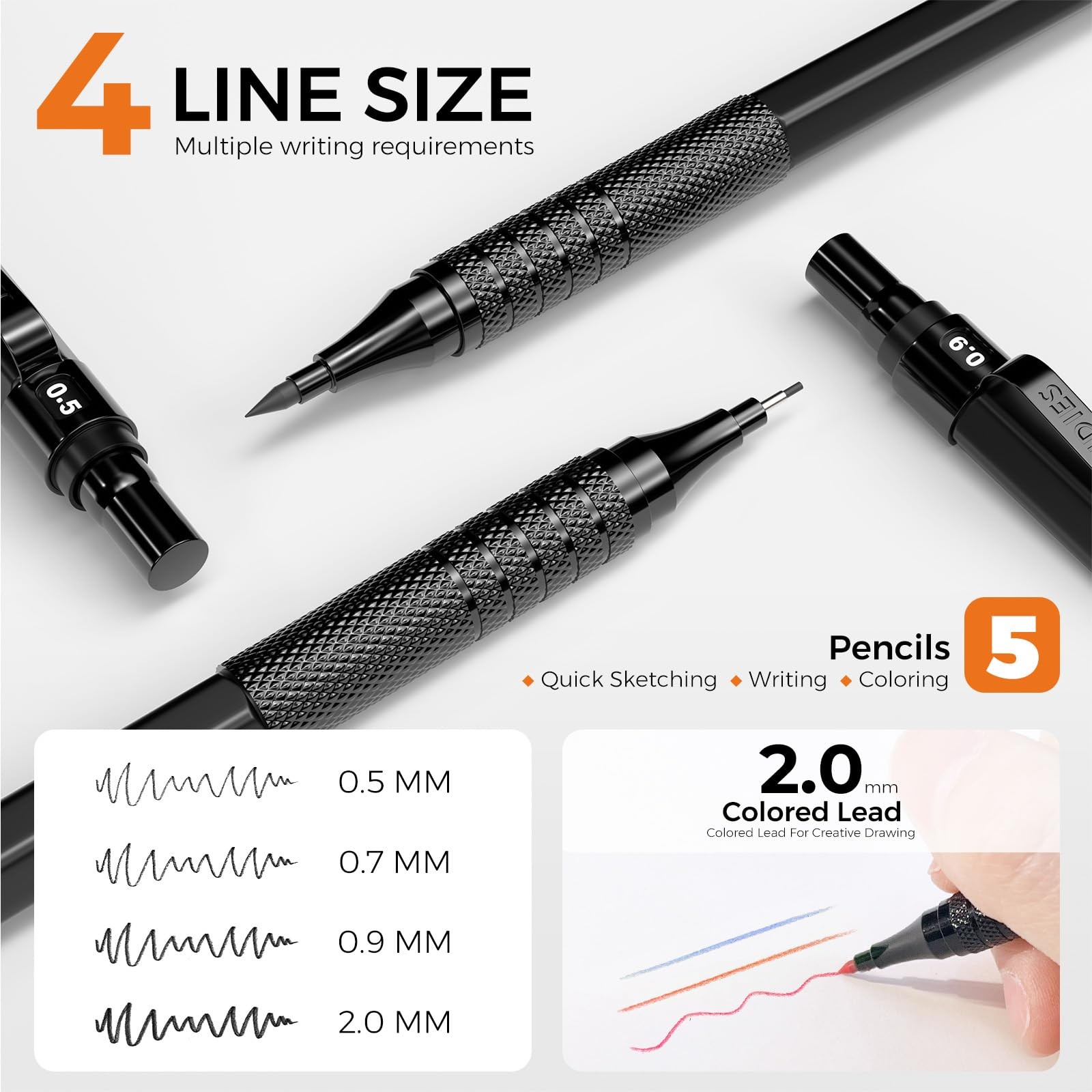 Four Candies Metal Mechanical Pencil Set, 3PCS Art Drafting Pencils Black