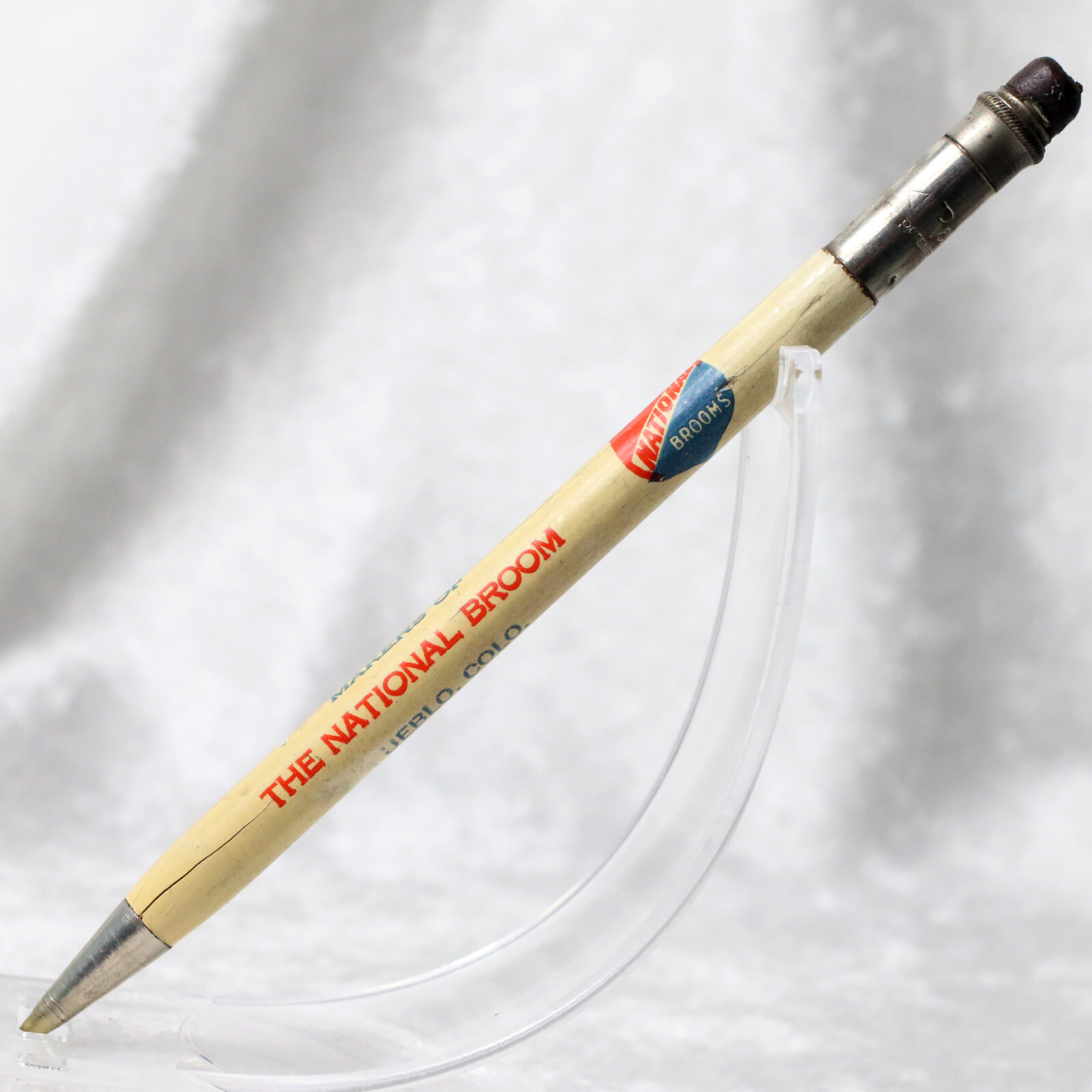 VTG 1930s RediPoint White Celluloid National Broom Advertising Mechanical Pencil