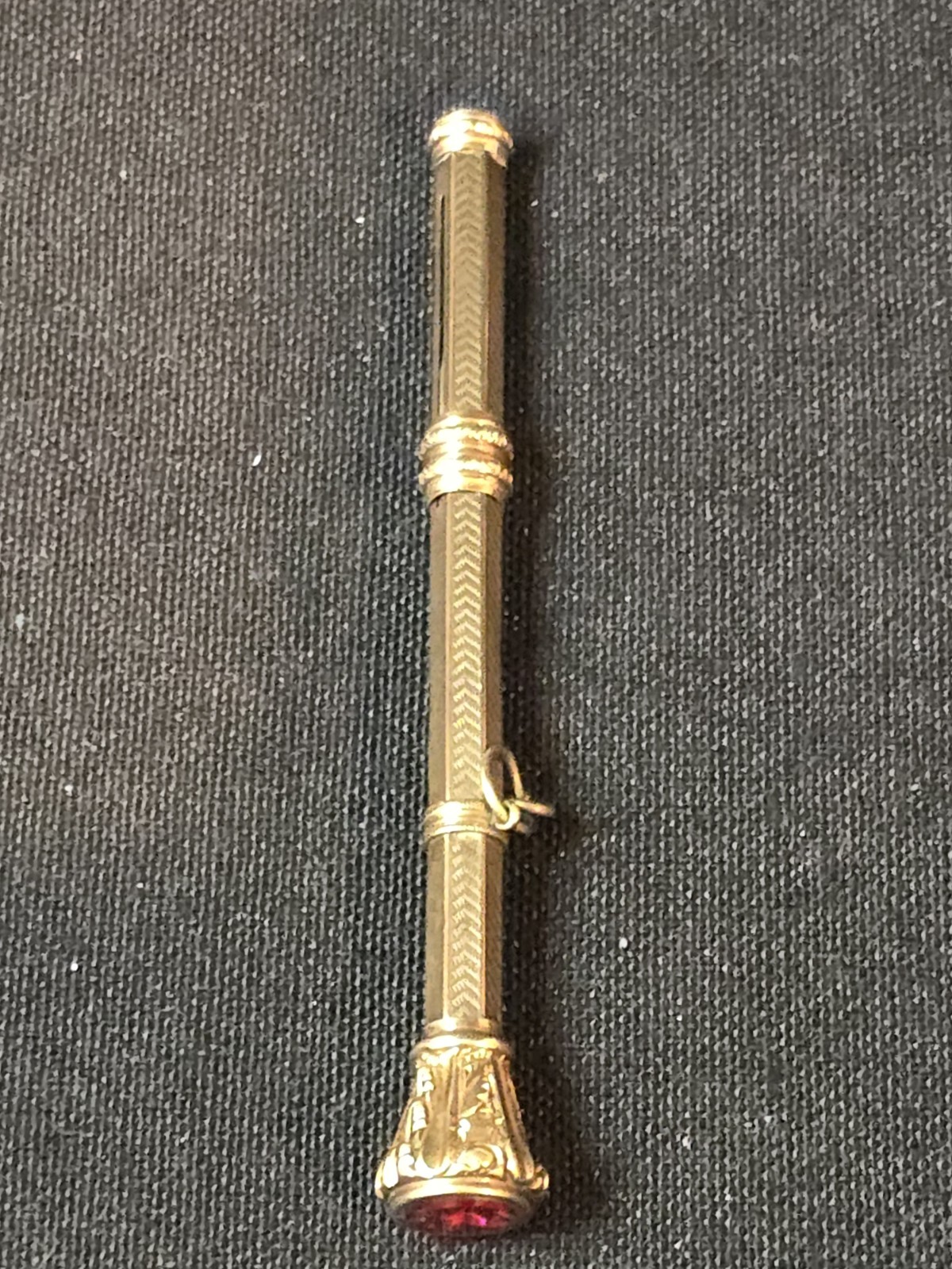 Antique Victorian Gold Filled Propelling Pencil Red Stone Fob Watch Chain 4″