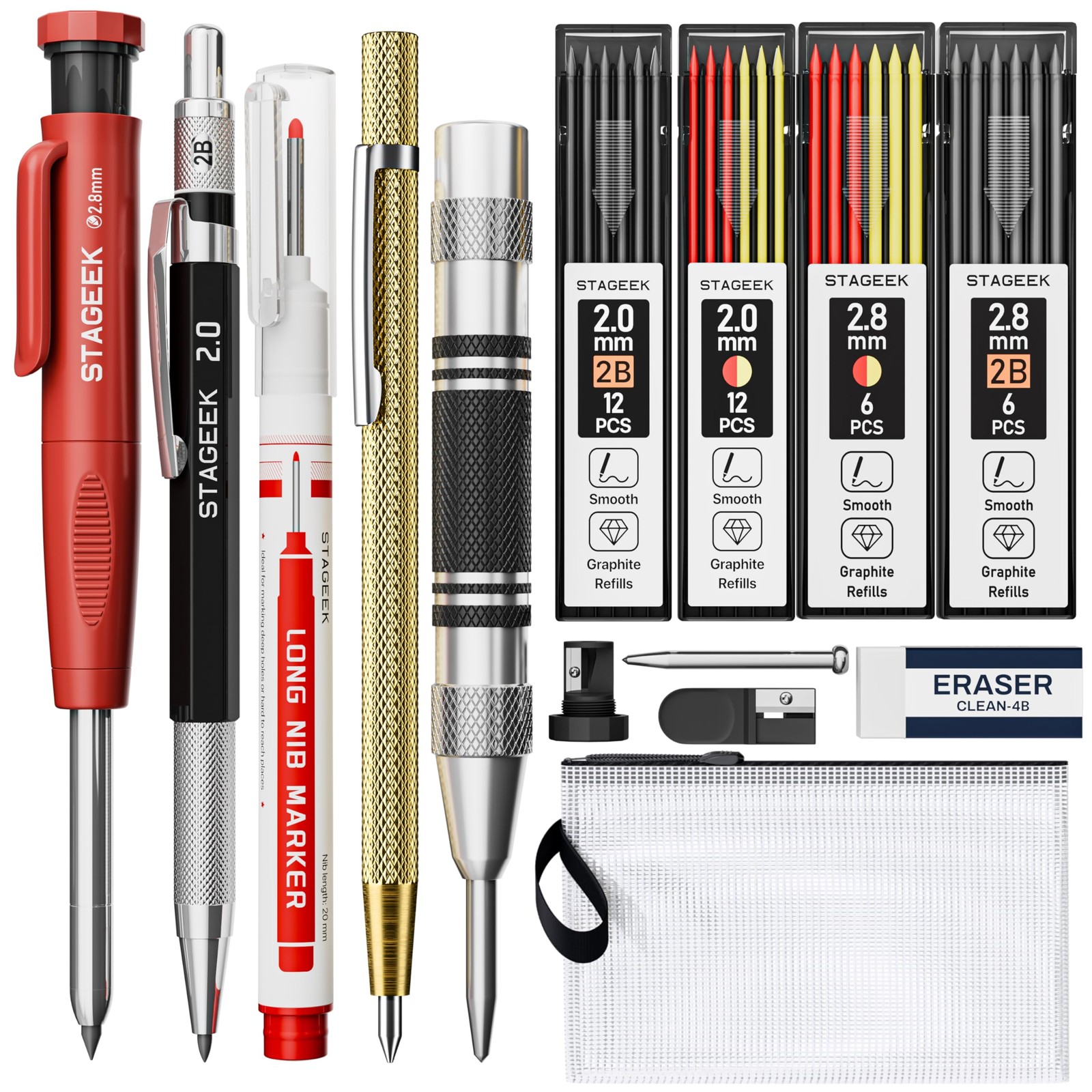 14 Pack Mechanical Carpenter Pencil Set with Sharpener 38 Red+Black(14pcs)
