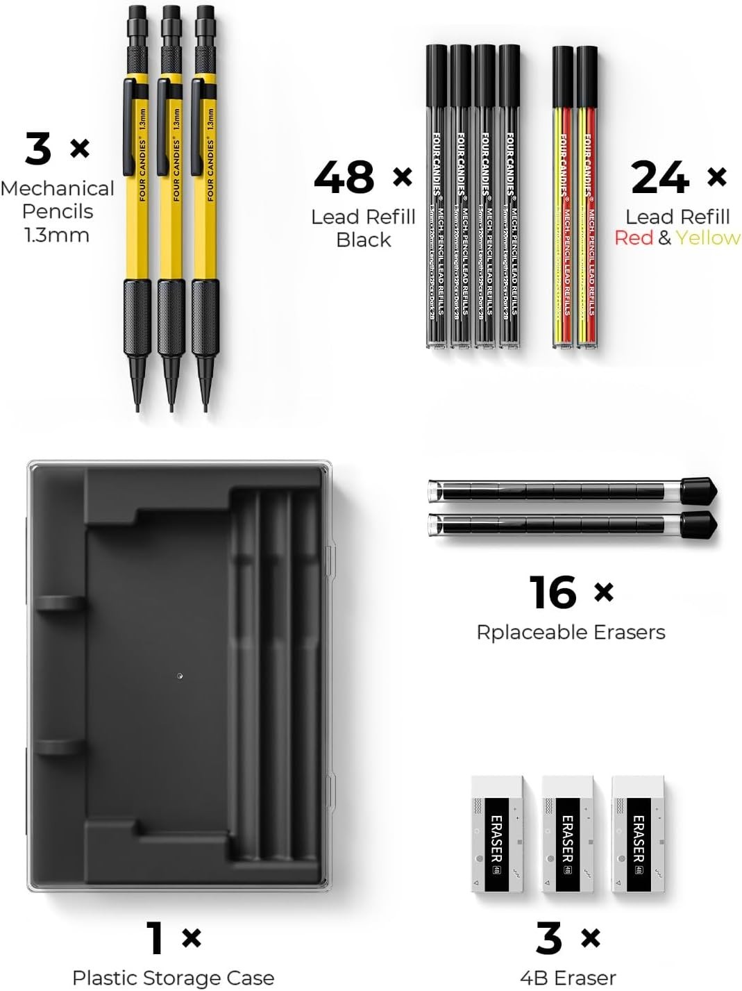 3PCS 1.3Mm Mechanical Pencil Set with Case, Metal Heavy Duty Carpenter Pencils w