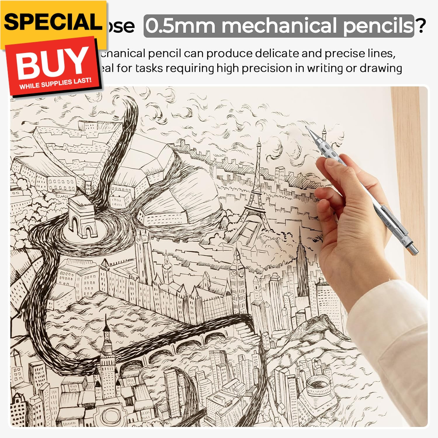 3 Pack Blocky Gear 0.5 mm Metal Mechanical Pencils Set with Case, Lead Drafting