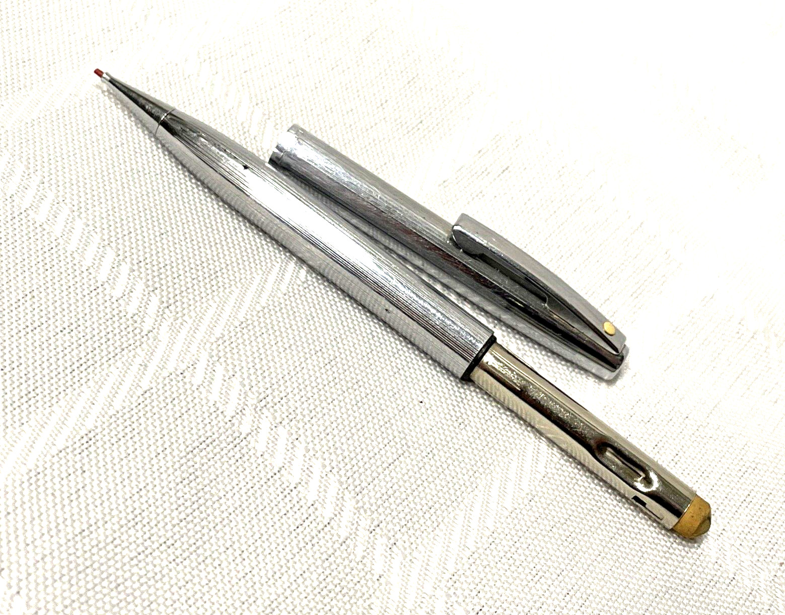 Vintage Sheaffer Ribbed Chrome White Dot Mechanical Pencil w/Red Lead