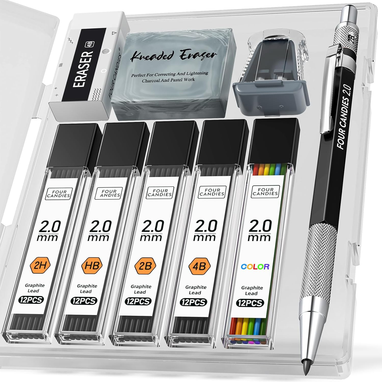2MM Four Candies Mechanical Pencil Set, 60PCS Lead Refills with Case
