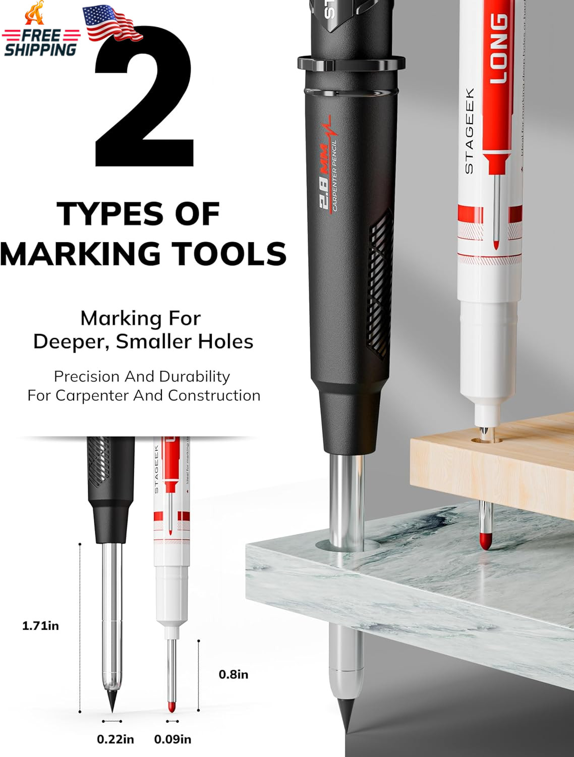 2 Pack Carpenter Pencils with Sharpener, Mechanical Carpenter Pencils with 38 Re