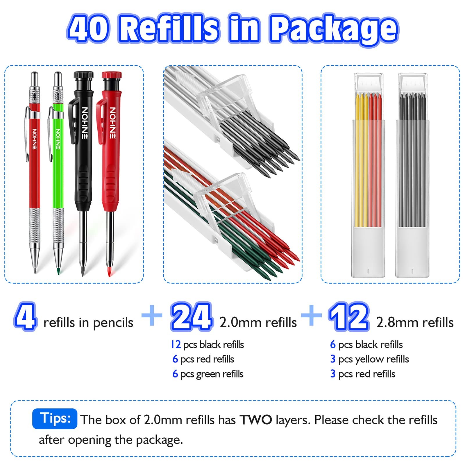 Enhon 4 Pack Carpenter Pencil 1 Count (Pack of 40), Green, Red, Black, Yellow
