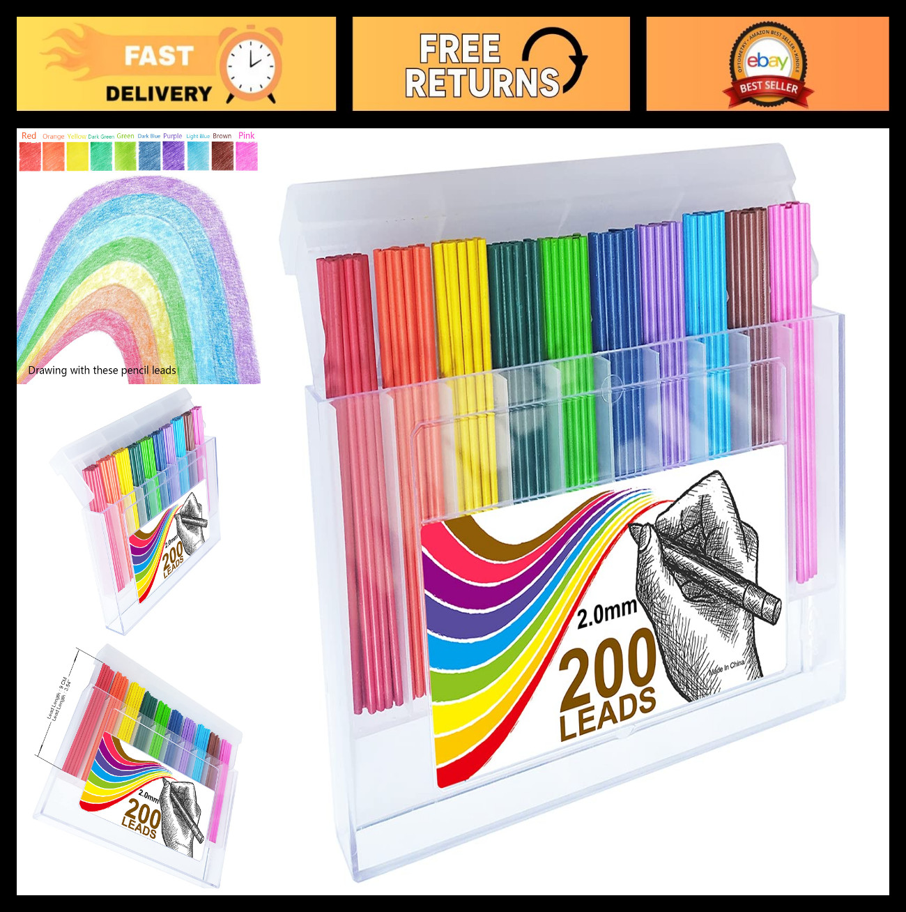 200pcs 2.0mm Mechanical Pencil Leads – 10 Unique Colors for Drawing & Sketching