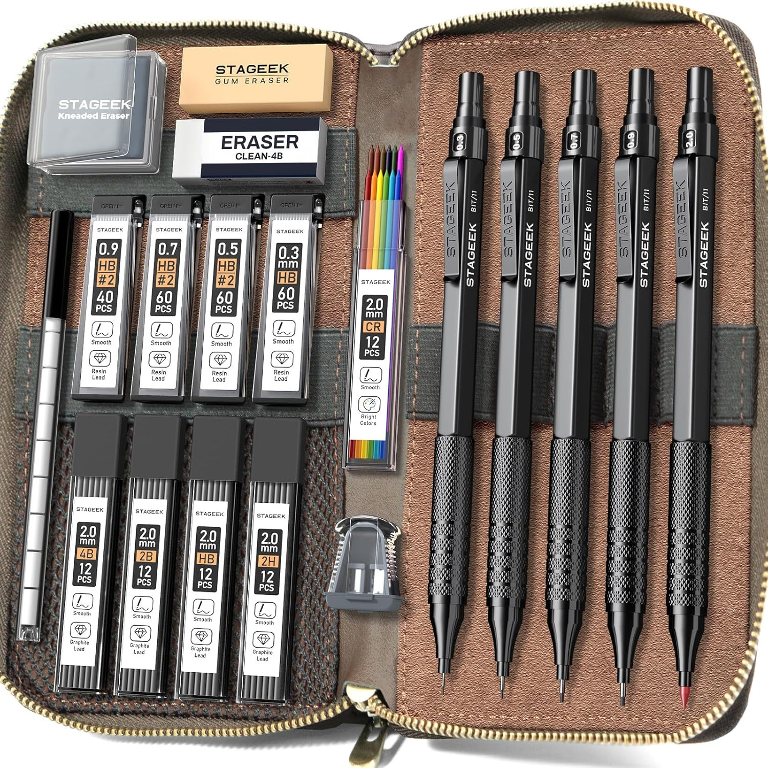STAGEEK Metal Mechanical Pencil Set in Leather Case, 5PCS Art Drafting Pencil 0.