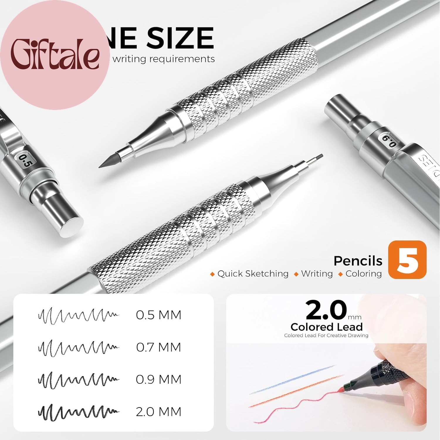 Metal Mechanical Pencil Set, 3PCS Art Drafting Pencils 0.5, 0.7, 0.9MM & 2PCS 2M