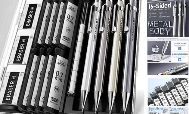 0.7mm Mechanical Pencil Set with Case – 4PCS Metal Mechanical Pencils, 8 0.7MM