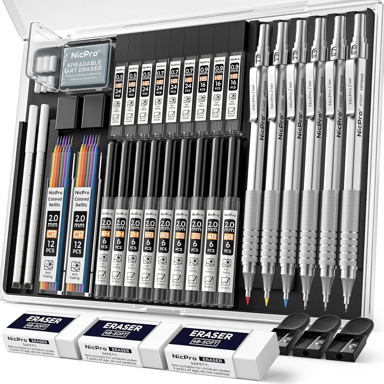 Mechanical Pencils Set Silver Metal in Case 0.5 0.7 0.9 mm 2mm Graphite Lead